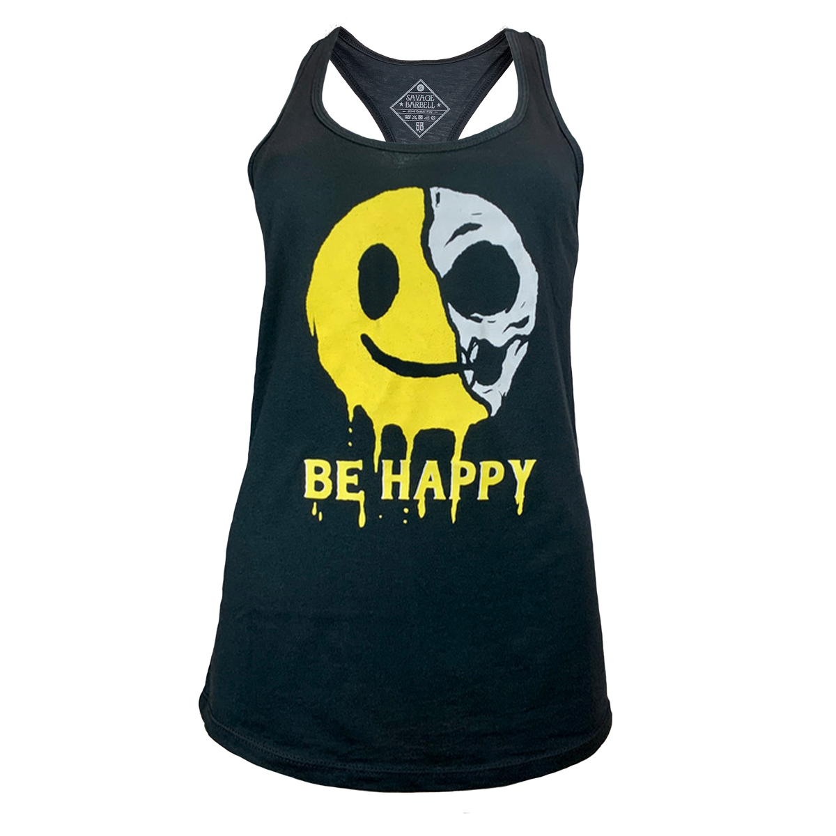 Women's Be Happy Racer-Back Tank Top - Black - Savage Barbell Apparel