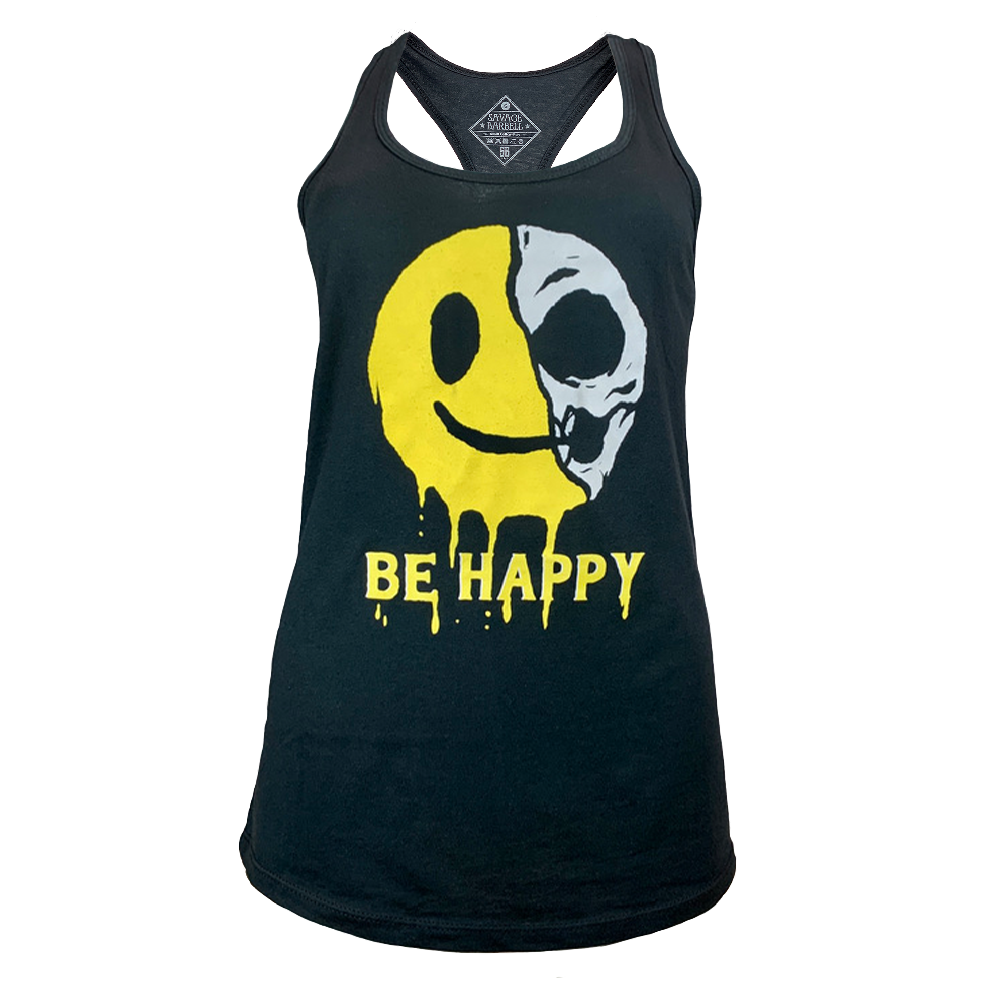 Women's Be Happy Racer-Back Tank Top - Black - Savage Barbell Apparel