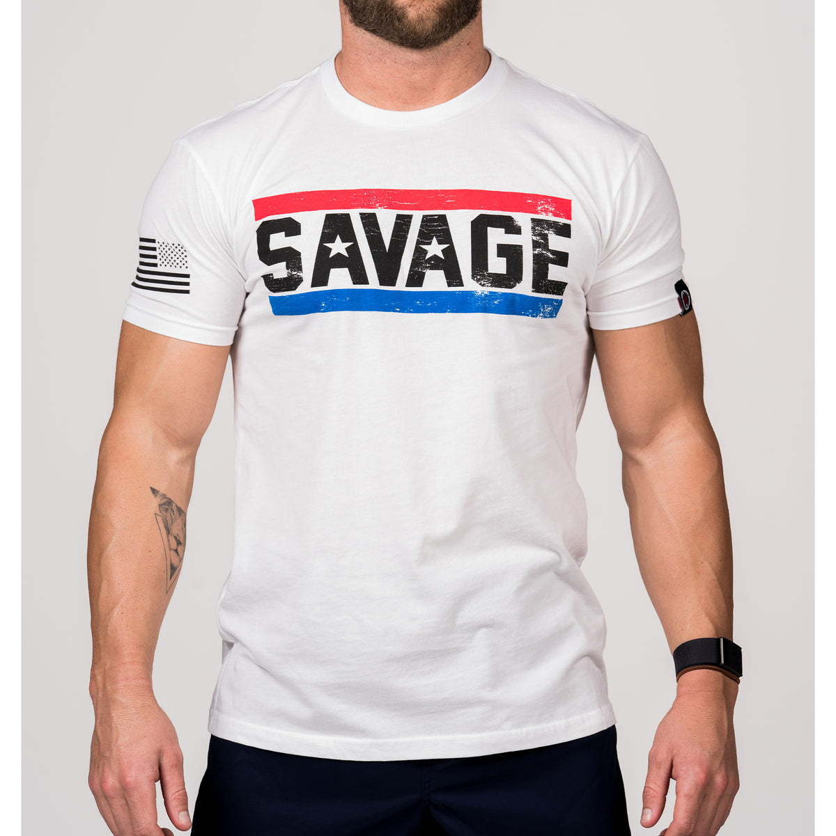Mens T-Shirt - Red, White, & Blue - White - Savage Barbell Apparel