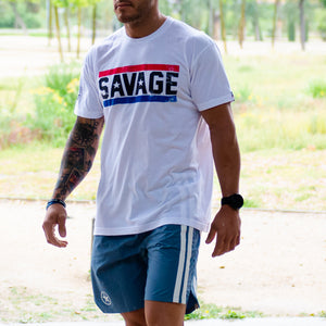 Mens T-Shirt - Red, White, & Blue - White - Savage Barbell Apparel